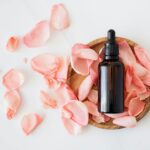 Top view of empty brown bottle for skin care product placed on wooden plate with fresh pink rose petals on white background isolated